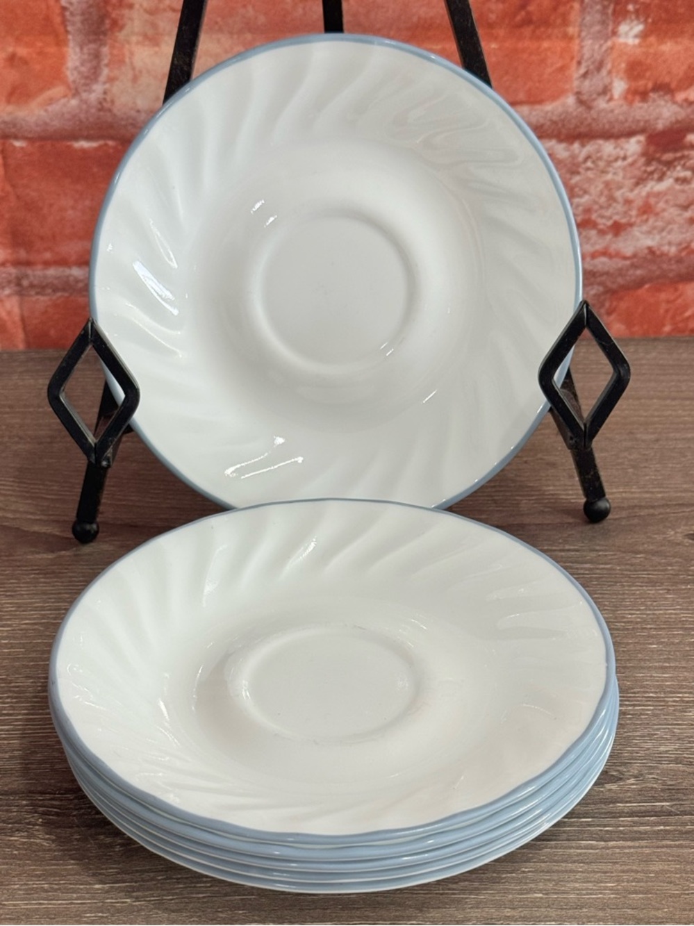 Vintage Corelle Pink Trio White Swirl Saucer Side Plates w/ Blue Trim Set of 6